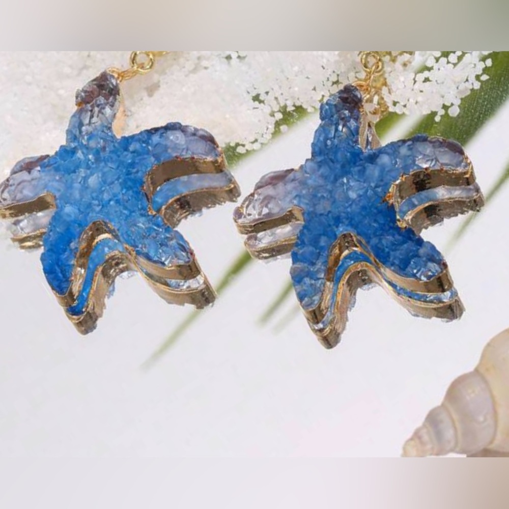“Blue Druzy Starfish” Gold Dipped Geode Ocean Sea Marine Tropical Steel Earrings - Picture 3 of 11